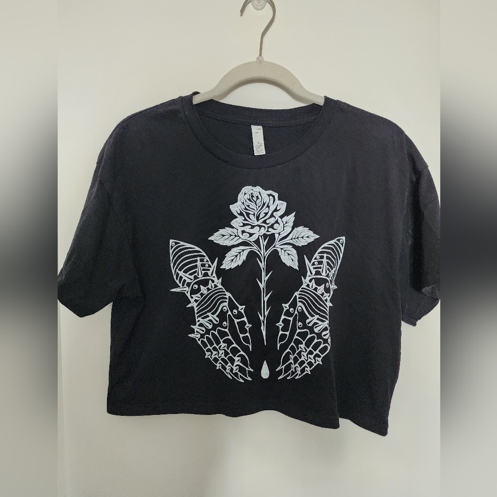 Black Graphic Tee with White Rose Design